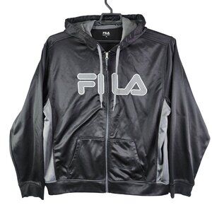 Mens Black & Gray Fila Hooded Sweatshirt Polyester Full-Zip Long Sleeve Size XL